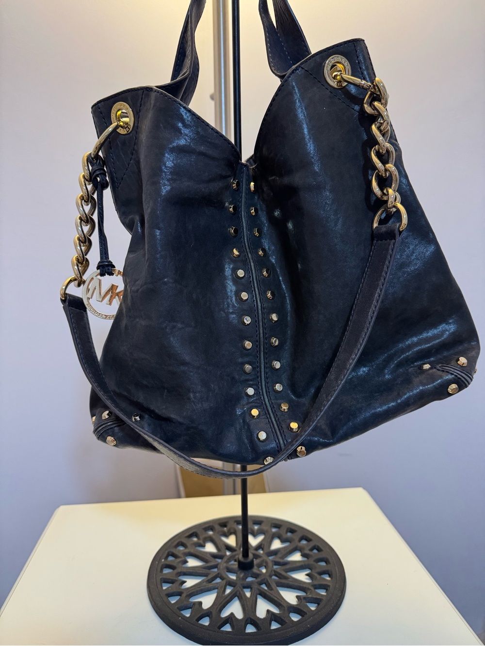 Michael Kors Uptown Astor Hobo Bag in Navy Blue with Gold Accents